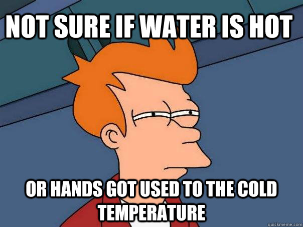 not sure if water is hot or hands got used to the cold temperature - not sure if water is hot or hands got used to the cold temperature  Futurama Fry