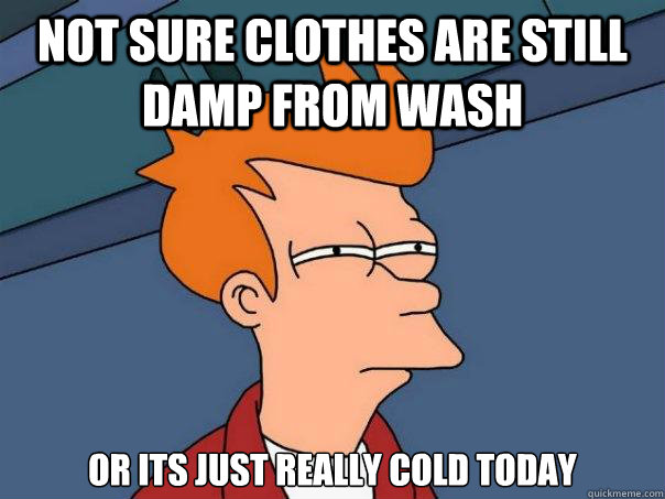 not sure clothes are still damp from wash or its just really cold today - not sure clothes are still damp from wash or its just really cold today  Futurama Fry
