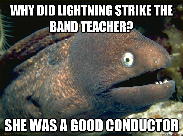 Why did lightning strike the band teacher? She was a good conductor  Bad Joke Eel