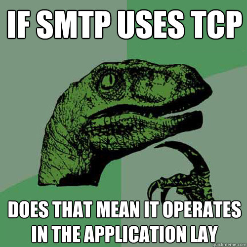 IF SMTP USES TCP DOES THAT MEAN IT OPERATES IN THE APPLICATION LAY  Philosoraptor