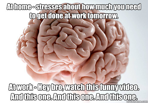 At home - stresses about how much you need to get done at work tomorrow. At work - Hey bro, watch this funny video. And this one. And this one. And this one.   Scumbag Brain