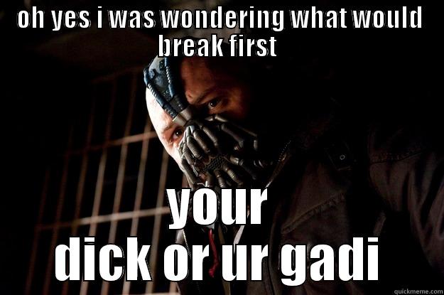 OH YES I WAS WONDERING WHAT WOULD BREAK FIRST  YOUR DICK OR UR GADI Angry Bane