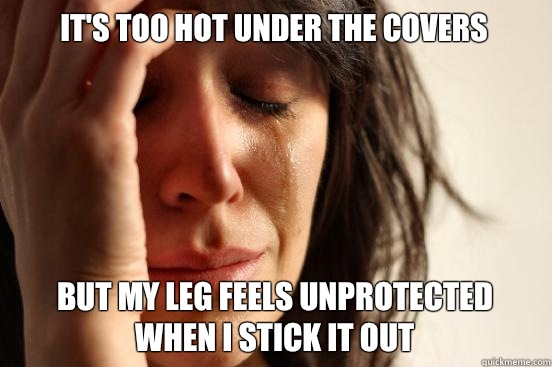 It's too hot under the covers But my leg feels unprotected when I stick it out  First World Problems