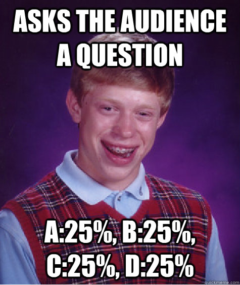 Asks the Audience a Question A:25%, B:25%, C:25%, D:25%  Bad Luck Brian