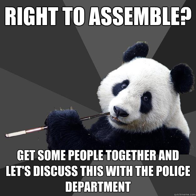 RIGHT TO ASSEMBLE? GET SOME PEOPLE TOGETHER AND LET'S DISCUSS THIS WITH THE POLICE DEPARTMENT  Propapanda