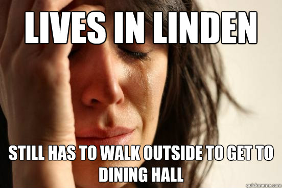 Lives in linden Still has to walk outside to get to dining hall  First World Problems