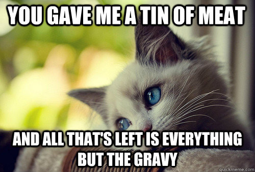 You gave me a tin of meat And all that's left is everything but the gravy  First World Problems Cat