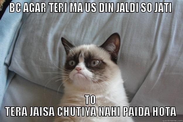 good joke - BC AGAR TERI MA US DIN JALDI SO JATI TO TERA JAISA CHUTIYA NAHI PAIDA HOTA Grumpy Cat