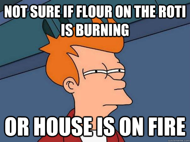 Not sure if flour on the roti is burning Or house is on fire  Futurama Fry