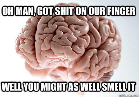 oh man, got shit on our finger well you might as well smell it  Scumbag Brain