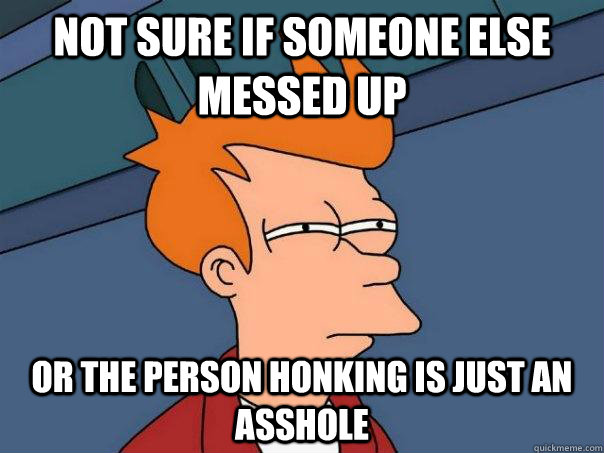 Not sure if someone else messed up Or the person honking is just an asshole  Futurama Fry