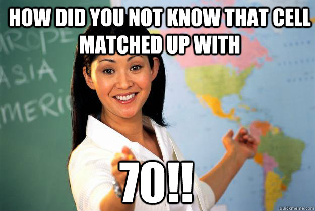 How did you not know that cell matched up with 70!! - How did you not know that cell matched up with 70!!  Unhelpful High School Teacher