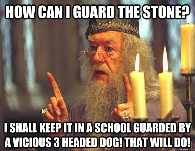 How can I guard the stone? I shall keep it in a school guarded by a Vicious 3 headed dog! That will do!  Scumbag Dumbledore