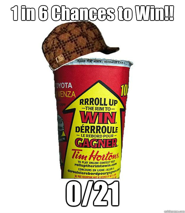 1 in 6 Chances to Win!! 0/21  Scumbag Tim Hortons