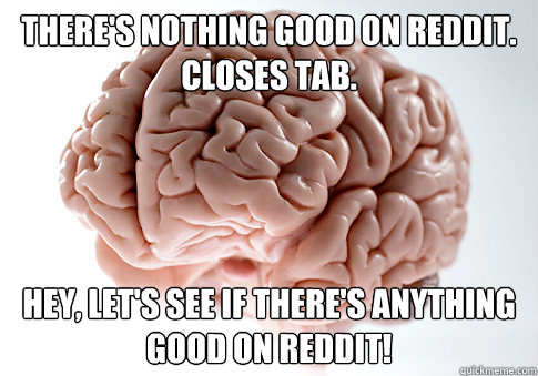 there's nothing good on reddit. closes tab. hey, let's see if there's anything good on reddit! - there's nothing good on reddit. closes tab. hey, let's see if there's anything good on reddit!  Scumbag Brain