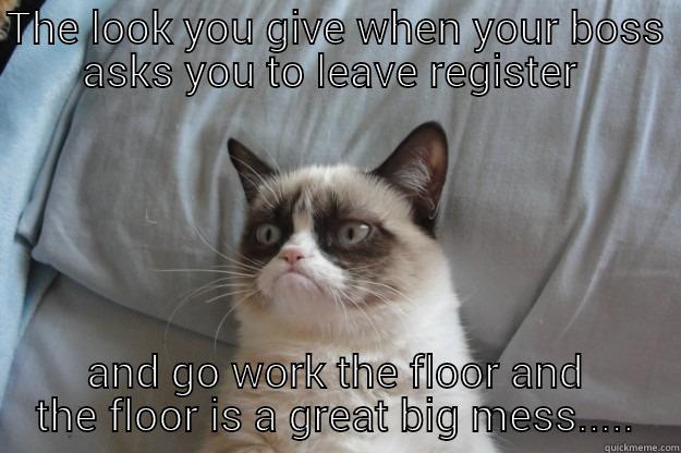 I love you boss....  - THE LOOK YOU GIVE WHEN YOUR BOSS ASKS YOU TO LEAVE REGISTER  AND GO WORK THE FLOOR AND THE FLOOR IS A GREAT BIG MESS..... Grumpy Cat