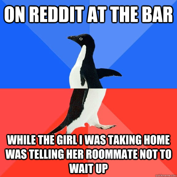 On reddit at the bar While the girl i was taking home was telling her roommate not to wait up  Socially Awkward Awesome Penguin