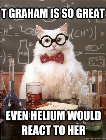 T GRAHAM IS SO GREAT EVEN HELIUM WOULD REACT TO HER - T GRAHAM IS SO GREAT EVEN HELIUM WOULD REACT TO HER  Chemistry Cat