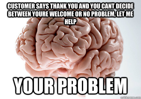 Customer says thank you and you cant decide between youre welcome or no problem, let me help Your problem  Scumbag Brain