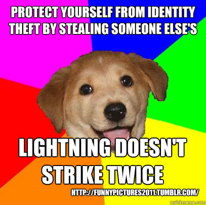 protect yourself from identity theft by stealing someone else's lightning doesn't strike twice http://funnypictures2011.tumblr.com/  Advice Dog