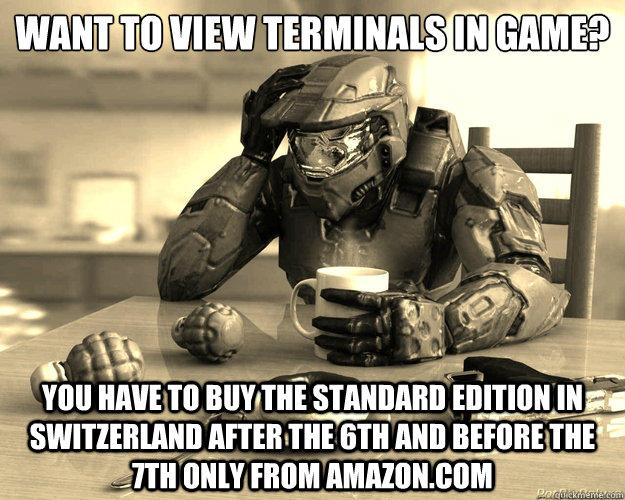 want to view terminals in game?

 you have to buy the standard edition in switzerland after the 6th and before the 7th only from amazon.com  