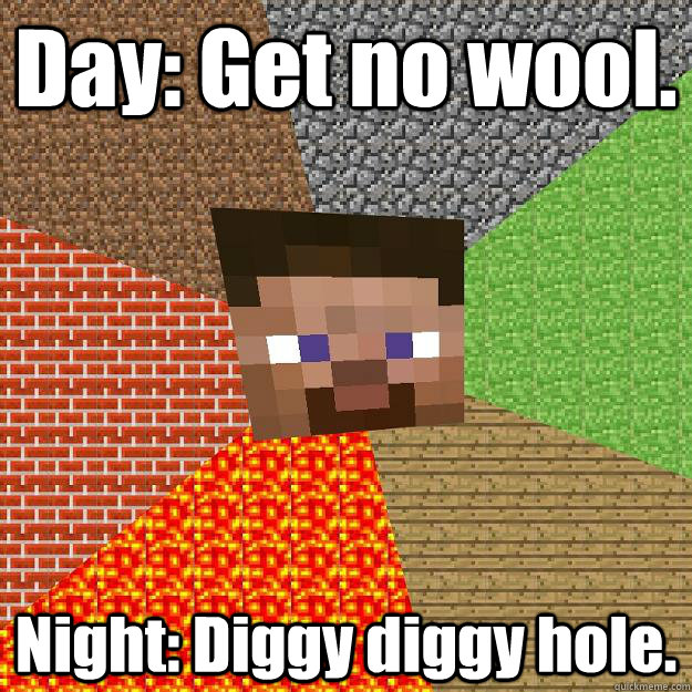 Day: Get no wool. Night: Diggy diggy hole.  Minecraft