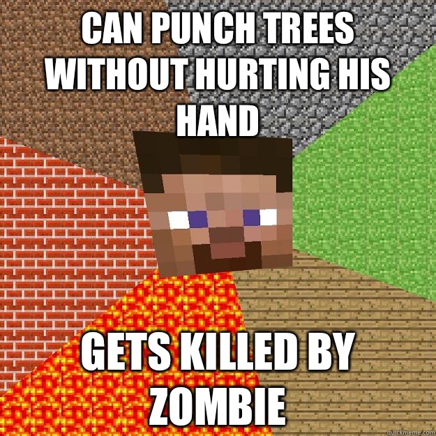 can punch trees without hurting his hand gets killed by zombie  Minecraft