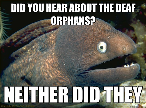 Did you hear about the deaf orphans? neither did they  Bad Joke Eel