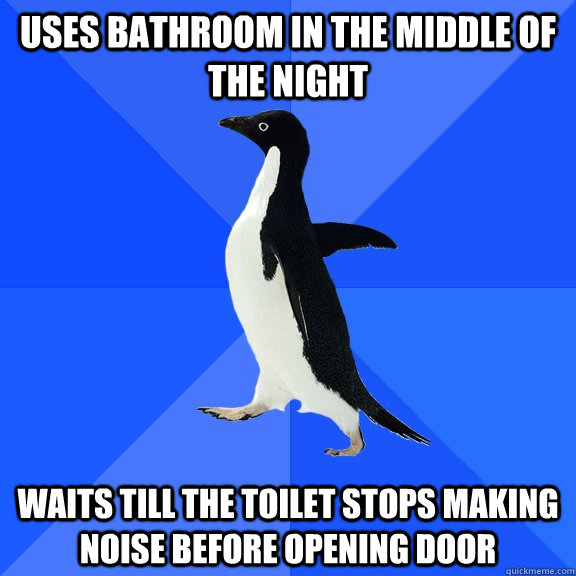 Uses bathroom in the middle of the night waits till the toilet stops making noise before opening door   Socially Awkward Penguin