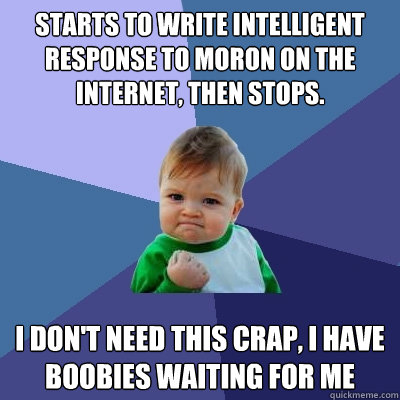 Starts to write intelligent response to moron on the internet, then stops. I don't need this crap, I have boobies waiting for me  Success Kid