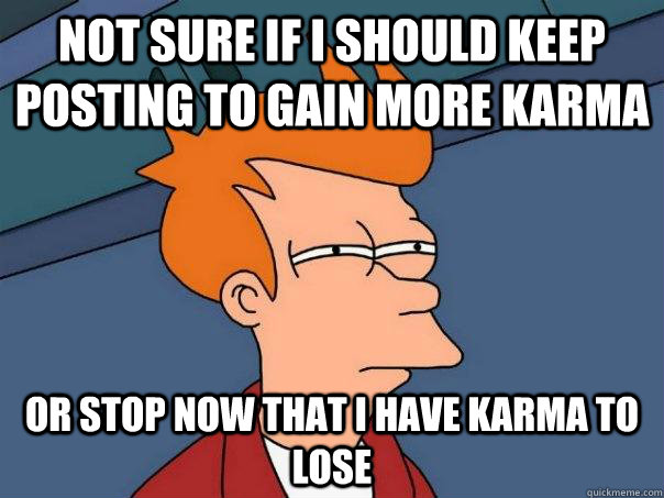 Not sure if i should keep posting to gain more karma or stop now that i have karma to lose - Not sure if i should keep posting to gain more karma or stop now that i have karma to lose  Futurama Fry