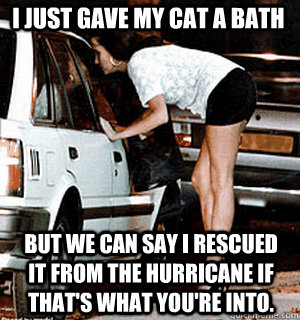 I just gave my cat a bath But we can say I rescued it from the hurricane if that's what you're into.  Karma Whore