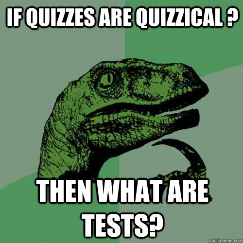 if quizzes are quizzical ? then what are tests?  Philosoraptor