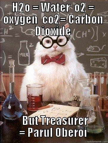 Chemistry test - H2O = WATER  O2 = OXYGEN  CO2= CARBON DIOXIDE   BUT TREASURER = PARUL OBEROI Chemistry Cat