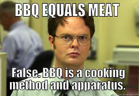    BBQ EQUALS MEAT     FALSE. BBQ IS A COOKING METHOD AND APPARATUS.  Schrute