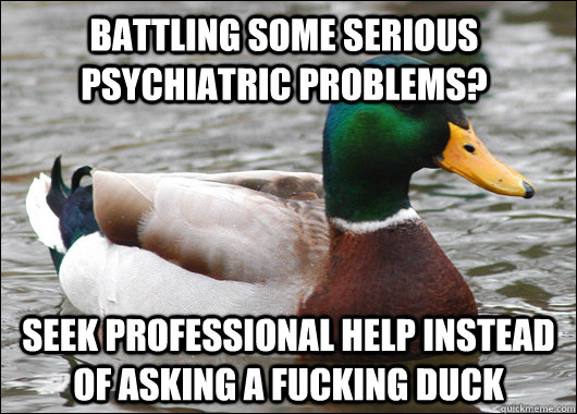 Battling some serious psychiatric problems? Seek professional help instead of asking a fucking duck   Actual Advice Mallard