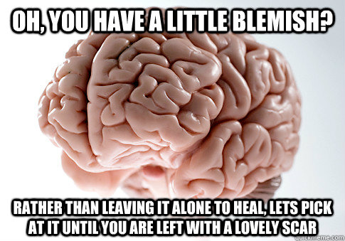 Oh, you have a little blemish? rather than leaving it alone to heal, lets pick at it until you are left with a lovely scar - Oh, you have a little blemish? rather than leaving it alone to heal, lets pick at it until you are left with a lovely scar  Scumbag Brain