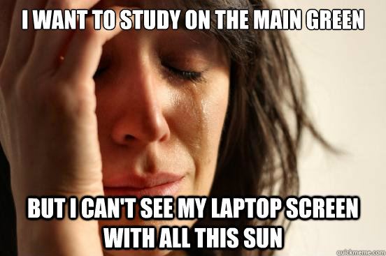 I want to study on the main green But I can't see my laptop screen with all this sun - I want to study on the main green But I can't see my laptop screen with all this sun  First World Problems