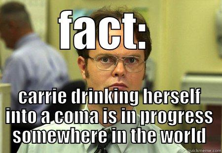 Fact:   - FACT:  CARRIE DRINKING HERSELF INTO A COMA IS IN PROGRESS SOMEWHERE IN THE WORLD Schrute