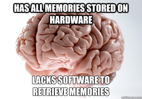 has all memories stored on hardware lacks software to 
retrieve memories  Scumbag Brain