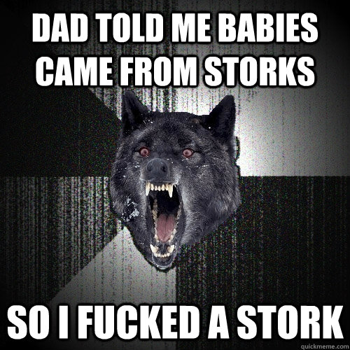 dad told me babies came from storks so I fucked a stork  Insanity Wolf