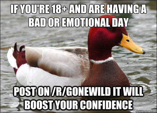 If you're 18+ and are having a bad or emotional day
 Post on /r/gonewild It will boost your confidence   Malicious Advice Mallard