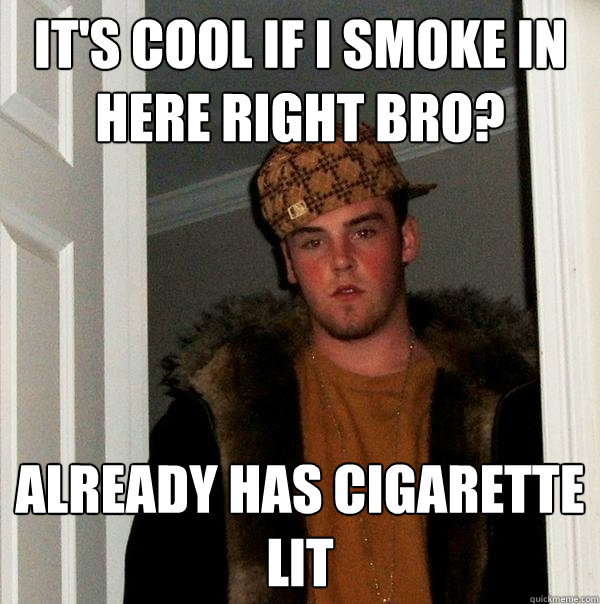 it's cool if i smoke in here right bro? already has cigarette lit - it's cool if i smoke in here right bro? already has cigarette lit  Scumbag Steve