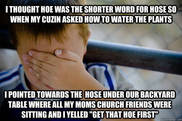 I thought hoe was the shorter word for hose so when my cuzin asked how to water the plants I pointed towards the  hose under our backyard table where all my moms church friends were sitting and I yelled 