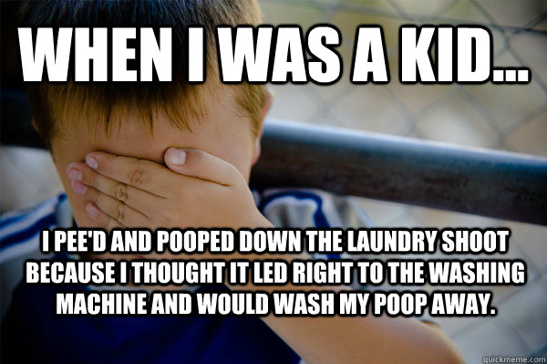 WHEN I WAS A KID... I pee'd and pooped down the laundry shoot because I thought it led right to the washing machine and would wash my poop away.  Confession kid