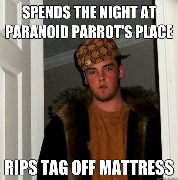 spends the night at paranoid parrot's place rips tag off mattress  Scumbag Steve