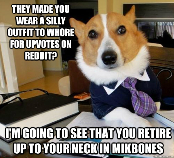 They made you wear a silly outfit to whore for upvotes on reddit? I'm going to see that you retire up to your neck in mikbones - They made you wear a silly outfit to whore for upvotes on reddit? I'm going to see that you retire up to your neck in mikbones  Lawyer Dog