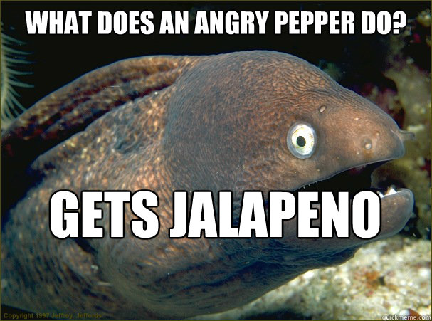 what does an angry pepper do? Gets jalapeno face  Bad Joke Eel