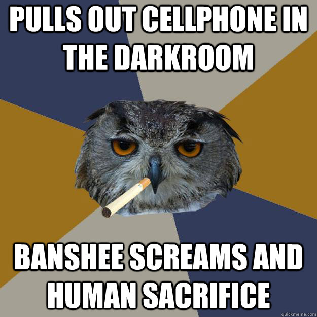 pulls out cellphone in the darkroom banshee screams and human sacrifice   Art Student Owl