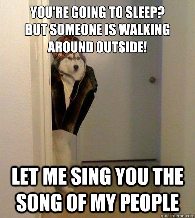 YOU'RE GOING TO SLEEP?
BUT SOMEONE IS WALKING AROUND OUTSIDE! LET ME SING YOU THE SONG OF MY PEOPLE  Scumbag dog